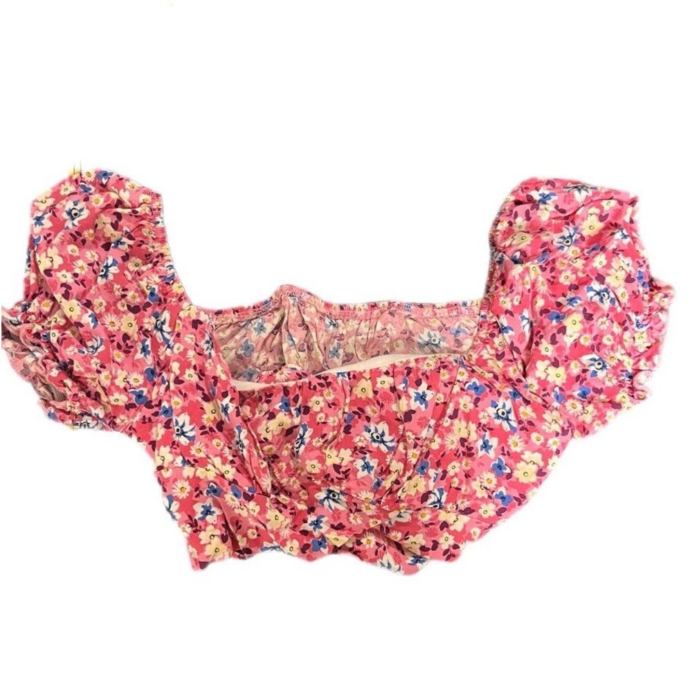 Shein Womens Floral Pink Crop Top Size XS Puff Sleeve Tie Back Cottagecore